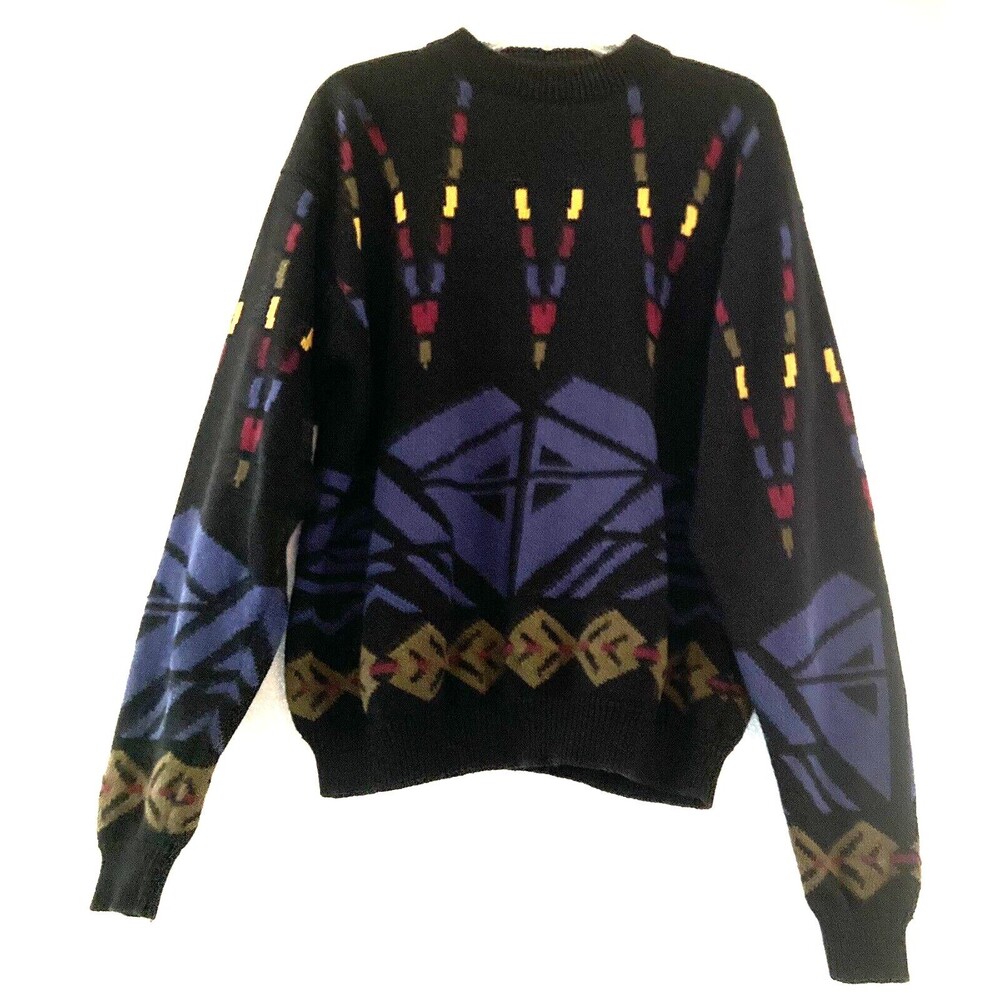 Vintage Bracci Men’s Sweater M Black Aztec Geometric Design Cotton Grandpacore